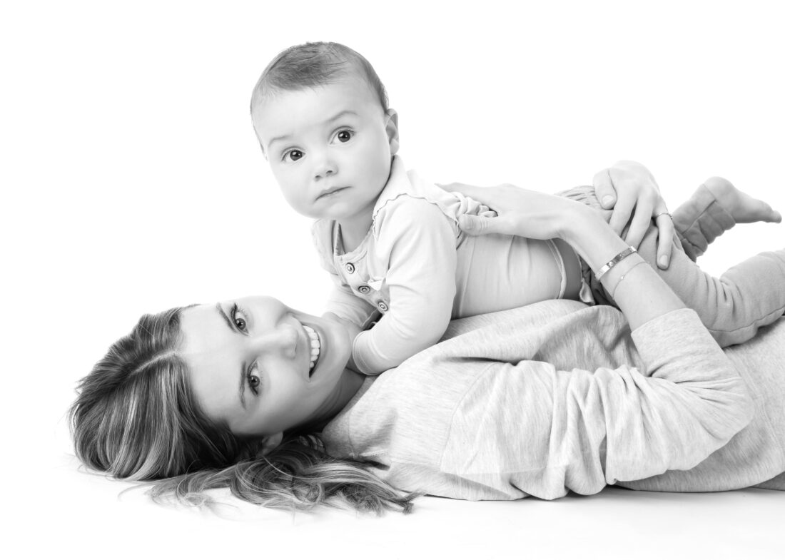 Photo of a mother and a baby in black and white in South Florida